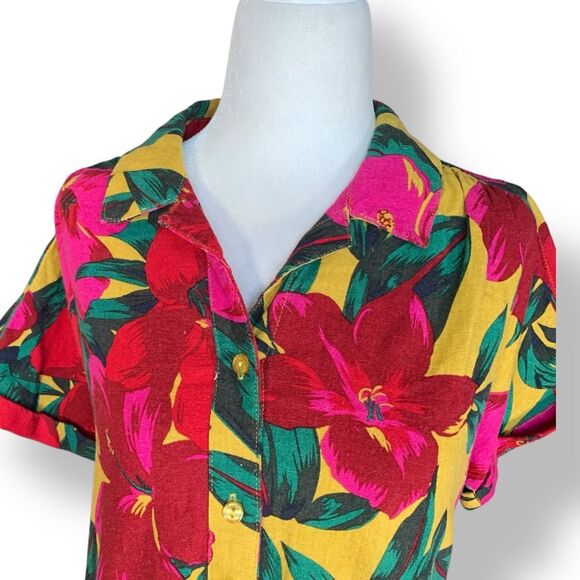 For Cynthia Button Up Shirt Linen Blend Hawaiian  Floral Print Yellow Red Petite - Picture 2 of 9